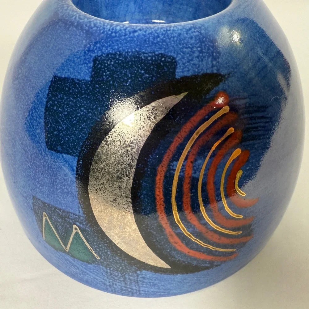 KMK Keramik Candle Holder Blue West German Pottery geometric signed mid-century